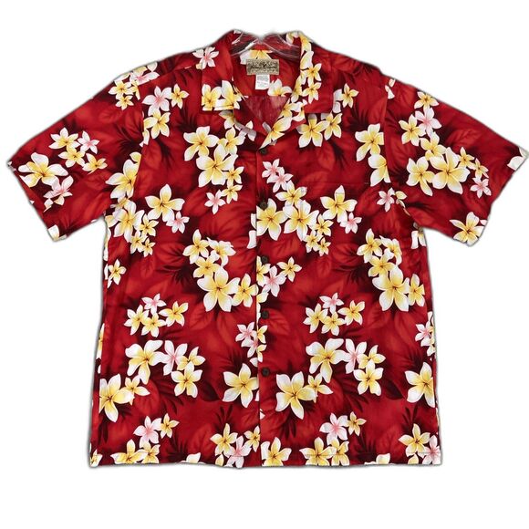 VTG Men's Hawaiian Shirt Sz L 100% Cotton Button Up Aloha Red Made in Hawaii - Picture 1 of 7